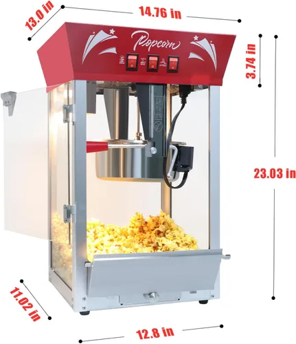 Máquina comercial de palomitas de maíz de 12 onzas, máquina de palomitas de maíz de acero inoxidable con vidrio templado y plataforma de Rojo
