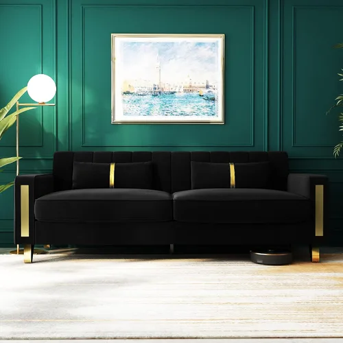 Miniatura 8 de Sofá cama modular de tela de terciopelo de 85.62 pulgadas, 3 asientos, fácil de montar con 2 almohadas de sofá, patas de metal dorado para sala