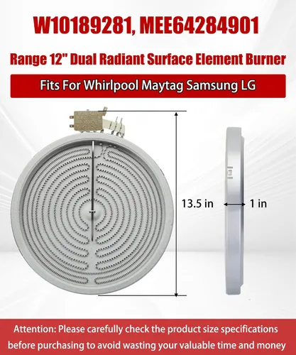 Miniatura 2 de W10189281 - Calentador de elemento de superficie radiante dual de 12 pulgadas, apto para Whirlpool Maytag Samsung LG, 1900W 9"/3000W12", quemador