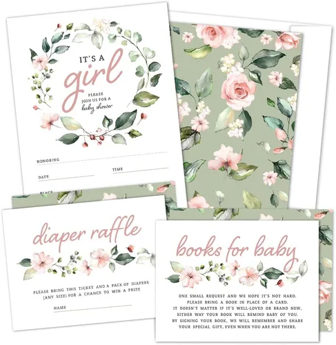 Invitaciones de baby shower para niña con sobres (juego de 25) – Invitaciones florales para baby shower para niña con boletos para rifas de pañales