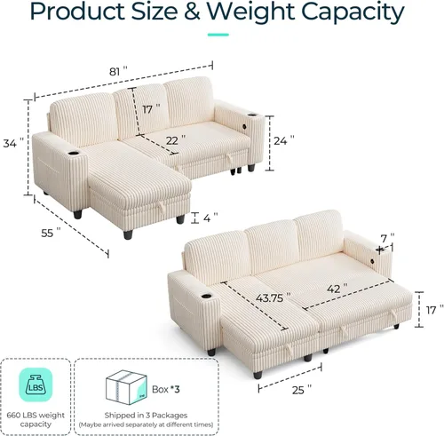 Miniatura 2 de LINSY HOME Sofá cama modular extraíble para sala de estar (beige, sofá cama 1) Sofá cama extraíble, almacenamiento, carga USB, portavasos, pana