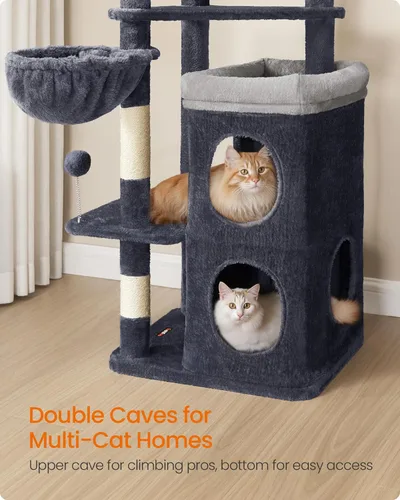 Miniatura 3 de Feandrea Árbol para gatos, torre para gatos de 60 pulgadas, condominio de felpa de varios niveles con 2 cuevas, 3 postes rascadores, 3 perchas, gris