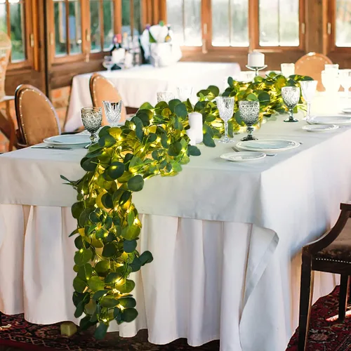 Miniatura 6 de Guirnalda de eucalipto iluminada con pilas de 7.5 x 3.6 pies con 120 luces LED artificiales de vegetación para bodas, fiestas, hogar, pared
