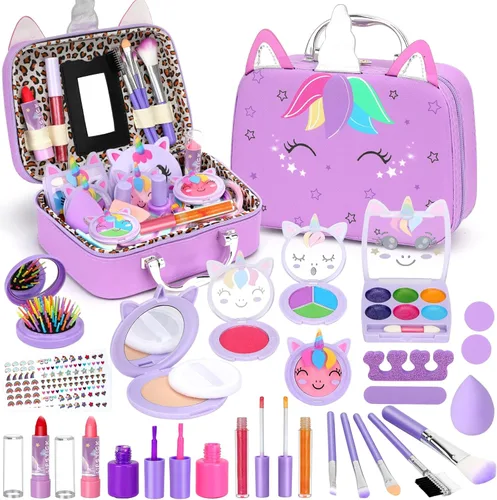 Heaning - Juguetes de maquillaje para niñas, seguros, no tóxicos, lavables | Unicorn Theme, Great Starter Make up Kit for Toddlers, Princess Morado
