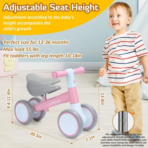 Miniatura 4 de INFANZIA Bicicleta de equilibrio para bebés de 12 a 36 meses, 1 año de edad, primera bicicleta sin pedal con asiento ajustable, 4 ruedas para bebés