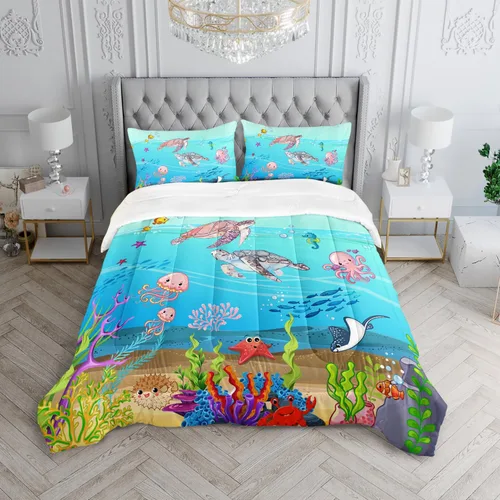 Miniatura 5 de Juego de edredón de tortuga con aguada oceánica, juego de ropa de cama de tortuga para cama individual, juego de cama con peces tropicales y vida