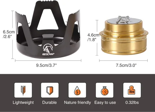 Miniatura 4 de REDCAMP Mini estufa de alcohol para mochileros, quemador de alcohol ligero de latón con soporte de aluminio para acampar senderismo, negro Verde