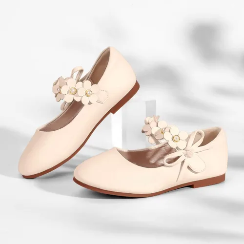Miniatura 6 de PANDANINJIA Zapatos de vestir para niñas pequeñas, zapatos planos de flores con perlas, lazo Mary Jane, zapatos de flora para fiesta de boda