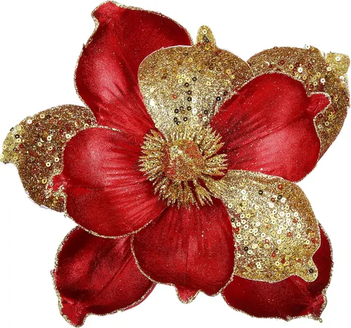 Miniatura 8 de Flores de Navidad grandes con purpurina de 10 pulgadas, 6 unidades, flores artificiales de magnolia de terciopelo, decoraciones para árbol
