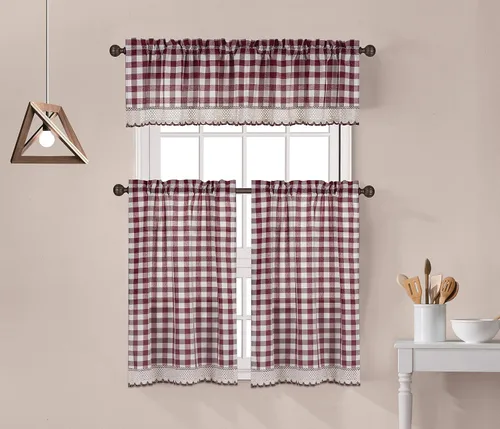 Miniatura 4 de Decotex Juego de 3 cortinas y cenefa de cocina con adornos de encaje de ganchillo a cuadros de búfalo