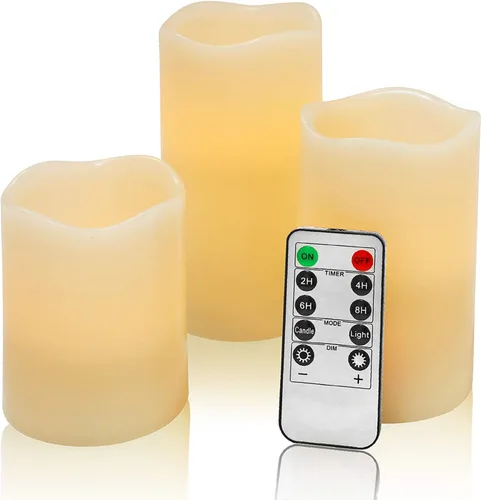 Miniatura 8 de JUNPEI - Juego de 3 velas LED parpadeantes de pilas que duran 300 h, color rojo, cera real, control remoto de 10 teclas, temporizador de 24 h