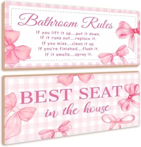 Miniatura 10 de Jetec 2 Piezas Decoración de Pared de Baño, Reglas del Baño, Arte de Pared con Flores, Letreros de Baño Divertidos, Decoración Rústica de Baño