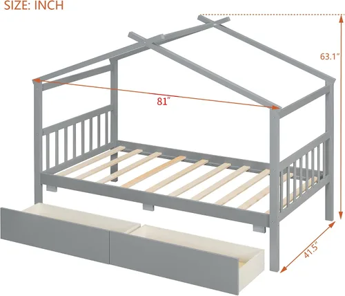 Miniatura 2 de Bellemave Cama Casa Tamaño Twin con 2 Cajones de Almacenamiento Cama Casa Montessori de Madera para Niños Marco de Cama de Madera Casa de Juegos Gris