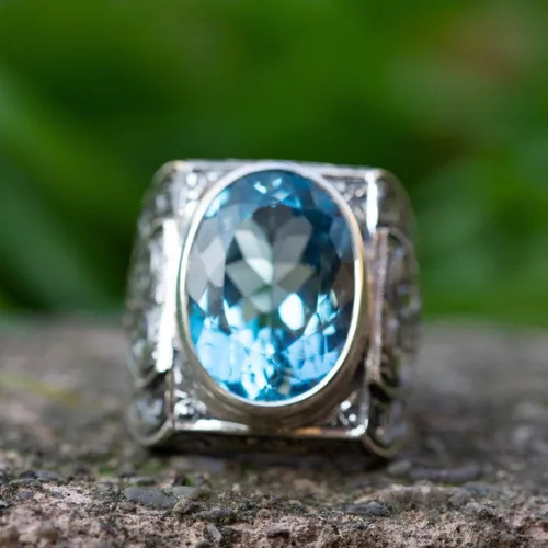 Miniatura 2 de LRESJJIUJ Anillo de acero inoxidable retro con circonitas cúbicas de corte cuadrado, sello de piedra tallada a mano, gema de topacio azul, anillo