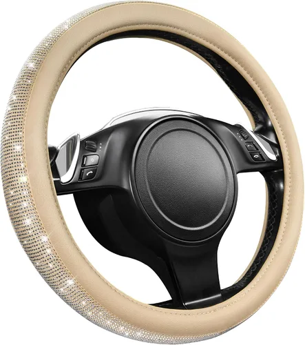 Miniatura 9 de CAR PASS Funda para volante de cuero beige con diamantes brillantes, cristales blancos brillantes con purpurina y pedrería, ajuste universal de 14