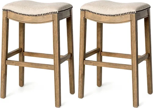 Miniatura 29 de Maven Lane Adrien Taburete de bar sin espalda, asiento de silla de montar de 31 pulgadas con reposapiés, marco de madera maciza gris y tapicería