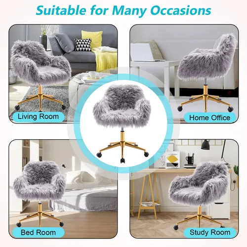 Miniatura 7 de Silla de escritorio moderna de piel sintética, silla de oficina en casa de piel sintética, silla giratoria ajustable, silla peluda para niñas, silla