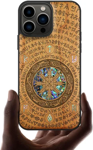 Miniatura 8 de Carveit Funda protectora de madera de diseñador para iPhone 13 Pro Max, cubierta magnética, grabado en madera e incrustaciones de concha, funda