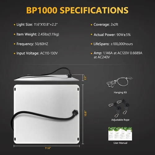 Miniatura 6 de Bloom Plus - Luces BP1000 de crecimiento para plantas, 2 x 2 pies de cobertura, espectro completo, luces de crecimiento con 336 diosos Samsung, alto