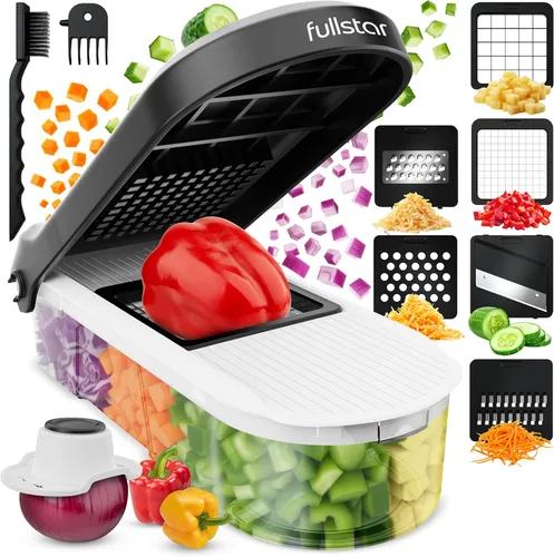 Fullstar - Picadora de verduras, mandolina, rallador de queso, picadora de alimentos con recipiente, utensilios de cocina, artículos esenciales para