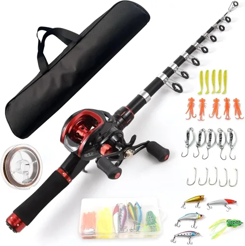LIXADA Combo de caña de pescar y carrete con señuelos de pesca para adultos, caña de pescar telescópica de 6.89 pies con carrete de cebo 18+1BB mano