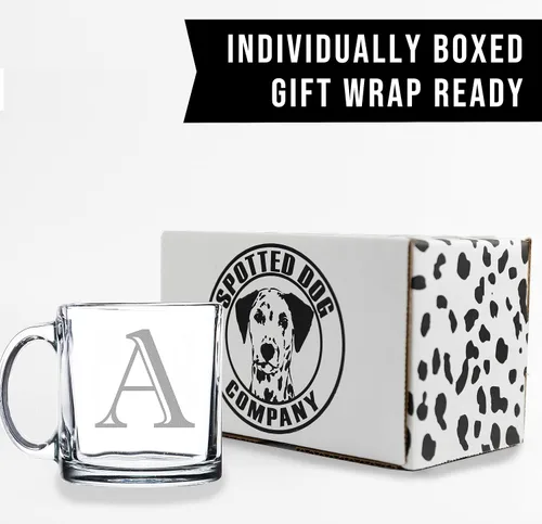 Miniatura 6 de Spotted Dog Company Taza de café de vidrio transparente con monograma grabado de 12 onzas (letra A), regalos de café personalizados de la A a la Z
