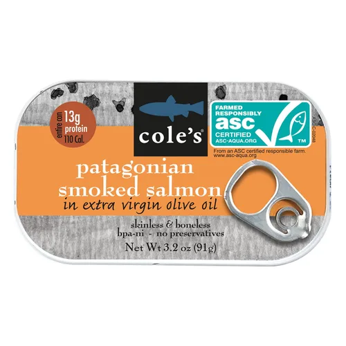 Miniatura 12 de Cole's Filete de Salmón Ahumado Patagónico con Limón y Eneldo en Aceite de Oliva Extra Virgen 3.2 oz Envasado a Mano Salmón Ahumado Enlatado 13g