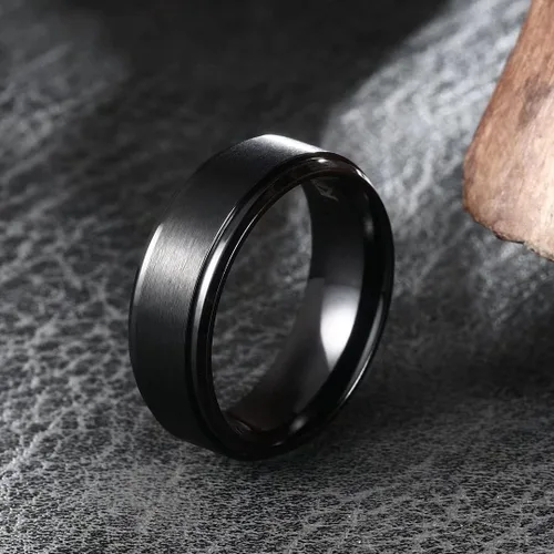Miniatura 3 de King Will BASIC - Anillo de titanio negro para hombre, 0.315in, borde biselado pulido, acabado cepillado mate, juego de 2 piezas, Titanio, Sin