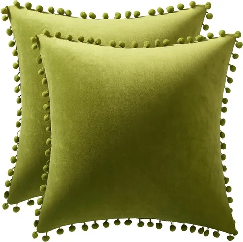 DEZENE Fundas para cojines de sofá 18x18 Color Cartujano: Paquete de 2 fundas de almohada decorativas cuadradas de terciopelo suave con pompones