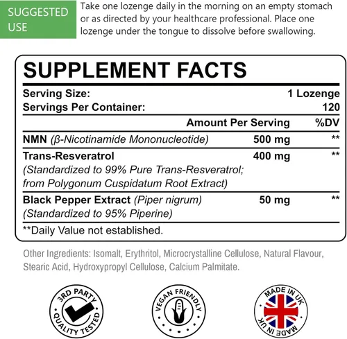 Miniatura 2 de NMN sublingual 500mg + Trans-Resveratrol 400mg, fórmula avanzada 3 en 1 99% puro suplemento de NMN y resveratrol para aumentar* NAD, células, Verde