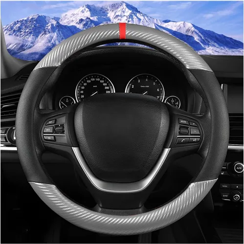 Miniatura 11 de Funda para volante de automóvil, protector de volante de vehículo de fibra de carbono de 14.5 a 15 pulgadas con forro antideslizante, accesorios
