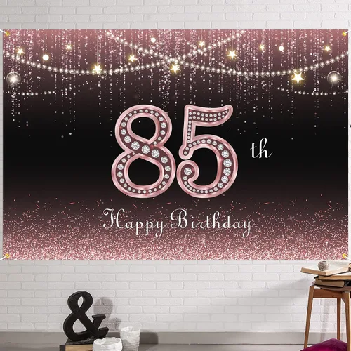 HAMIGAR Fondo de pancarta de feliz cumpleaños 85 de 6 x 4 pies, decoraciones de cumpleaños de 85 años, suministros de fiesta para mujeres, oro rosa