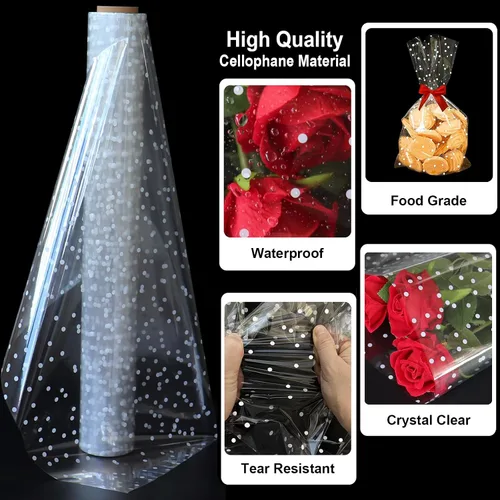 Miniatura 3 de Rollo de celofán transparente extra ancho de 100 pies x 34 pulgadas con punto blanco irregular, rollo de celofán más grueso transparente, cestas
