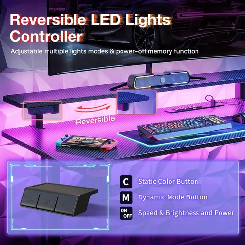 Miniatura 4 de MOTPK Escritorio pequeño para juegos de 39 pulgadas con luces LED, mesa de juegos para computadora con estante para monitor, escritorio