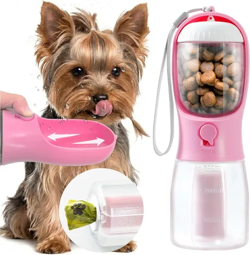 Miniatura 13 de Botella de agua portátil para perros pequeños, dispensador de cuencos de viaje 3 en 1 para mascotas con contenedor de alimentos y soporte para bolsa