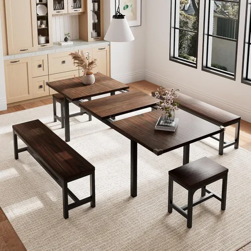 Miniatura 10 de Einhomn Juego de Mesa de Comedor de 5 Piezas para 4-6, Mesa de Cocina Extensible de 63" con 2 Bancos y 2 Taburetes, Estructura de Metal y Tablero