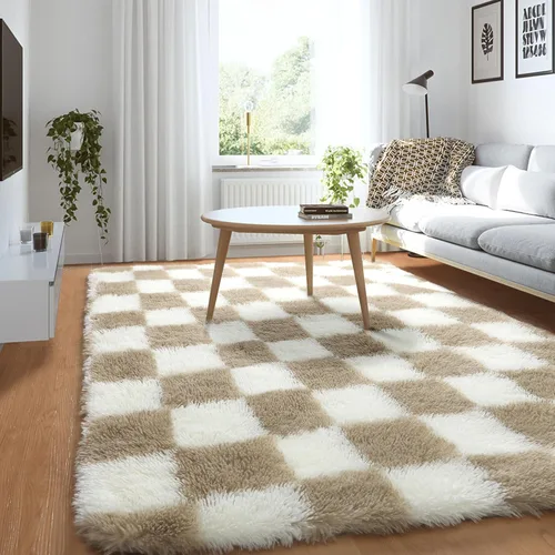 Miniatura 74 de KICMOR - Tapete a cuadros afelpado, peludo, mullido, color beige y blanco crema, pequeño, de 2 x 3 pies, para dormitorio, sala, junto a la cama