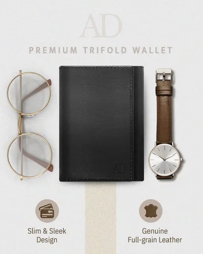 Miniatura 2 de Billetera de triple pliegue con RFID, cuero genuino, delgado, con ventana de identificación, bolsillo frontal, regalo para hombre