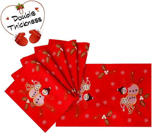 Miniatura 3 de Juego de 6 manteles individuales bordados rojos para Navidad e invierno, rectangulares de 12 x 18 pulgadas (muñeco de nieve)