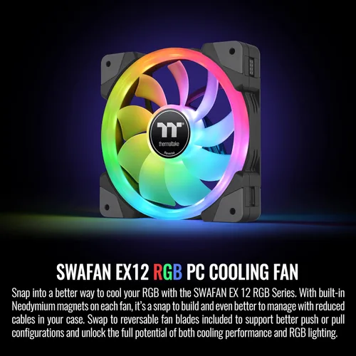 Miniatura 2 de Thermaltake SWAFAN EX 12 RGB - Ventilador de escritorio para PC, paquete de 3, 500-2000 RPM, conexión magnética, cuchillas reversibles, controlador
