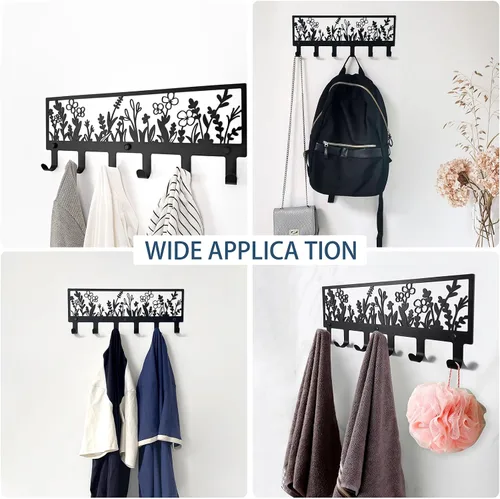 Miniatura 6 de Perchero floral montado en la pared con 6 ganchos colgador decorativo de metal negro para abrigos, sombreros, bolsos, llaves, toallas - Ideal