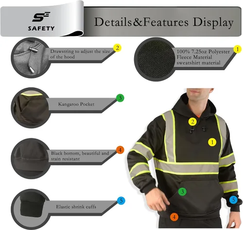 Miniatura 4 de SEsafety Sudadera con capucha con cremallera de alta visibilidad, sudadera de seguridad reflectante clase 3 con parte inferior negra, chaqueta
