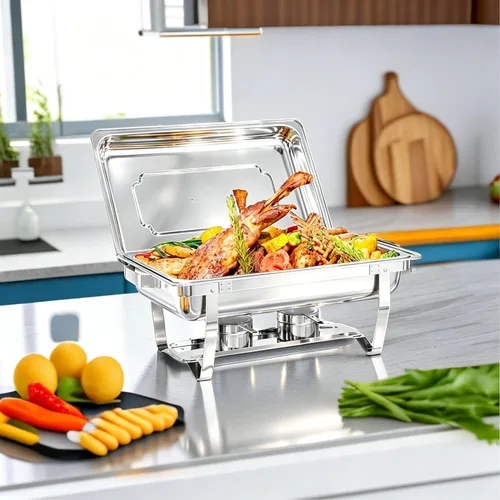 Miniatura 7 de Recipientes Calentadores para Buffet Paquete de 4, Juego de Recipientes Calentadores de Buffet de Acero Inoxidable de 9 Cuartos con Marco Plegable