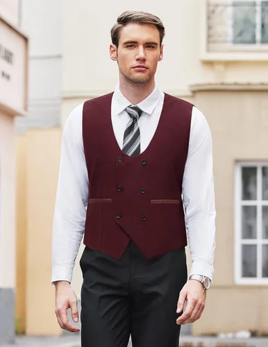 Miniatura 4 de COOFANDY Chaleco de traje para hombre, ajustado, doble botonadura, chaleco formal de negocios