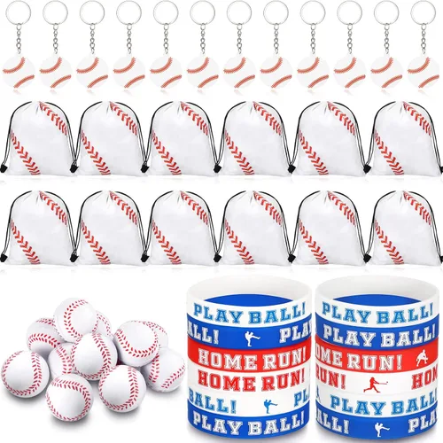 LEIFIDE 48 piezas de regalos de fiesta de béisbol, 12 juegos de pulseras de silicona con cordón, mini pelotas de estrés, llaveros para béisbol y