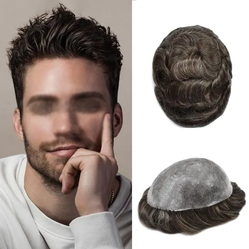 Miniatura 113 de Toupee para hombres Sistema de reemplazo de cabello humano real para hombres Completo PU Mens Hairpiece de aspecto natural para hombre piezas