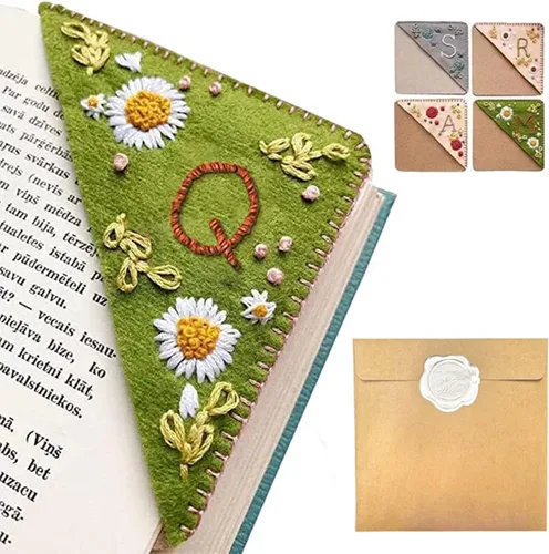 Miniatura 52 de Marcapáginas de esquina bordado a mano personalizado, 26 letras con costura a mano de fieltro, marcapáginas de esquina con bordado de flores lindo