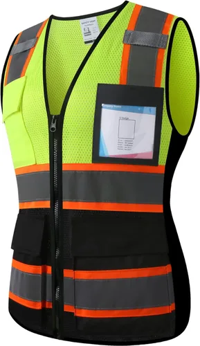 Miniatura 9 de Chaleco de seguridad reflectante para hombres y mujeres con 5 bolsillos y cierre frontal, chaleco de malla de alta visibilidad para construcción