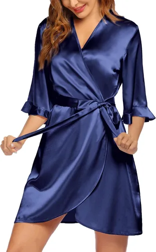 Miniatura 2 de Ekouaer Bata de satén para mujer, lencería de San Valentín para mujer, kimono, bata corta con volantes, cinturón, ropa de dormir para damas de honor