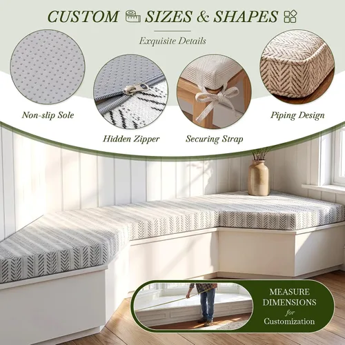Miniatura 4 de Custom Bench Cushion for Indoor Furniture, Window Seat Cushion, Bay Window, 75D Foam, Herringbone Fabric Options, Waterproof Cover, Non Slip Bottom